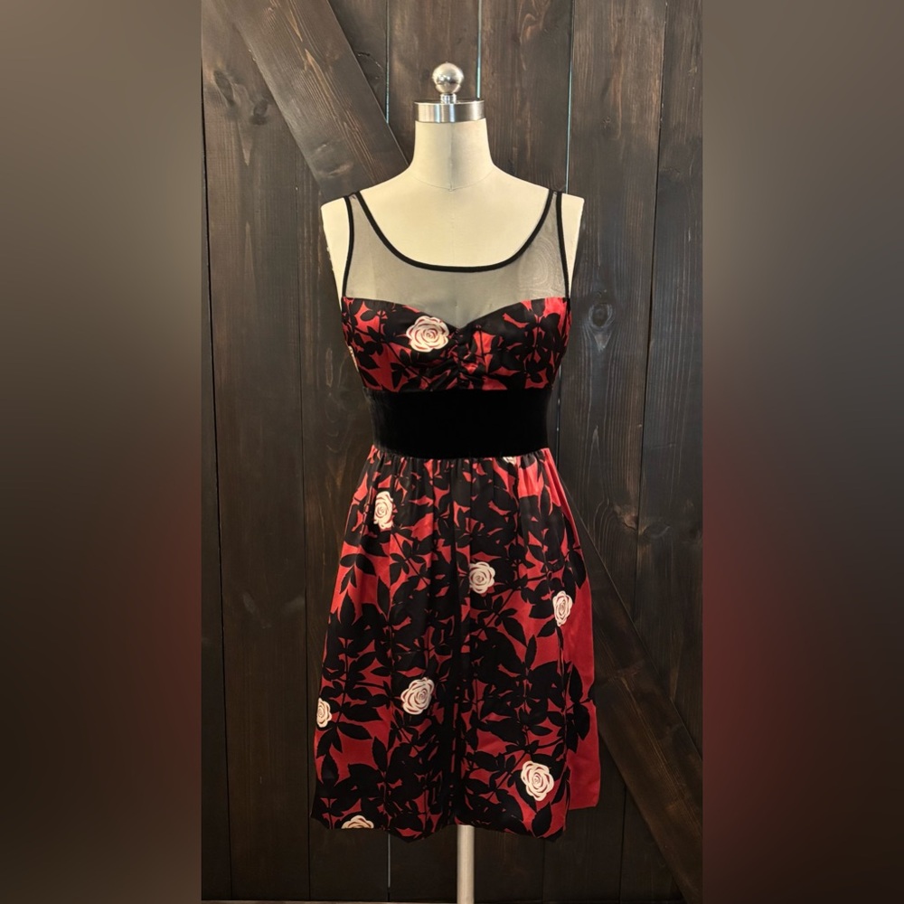 Plenty Frock By Tracy Reese Elegant Red and Black Floral Silk Dress